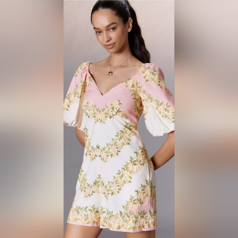 Farm Rio x Anthropologie V-Neck Puff-Sleeve Linen Blend Romper